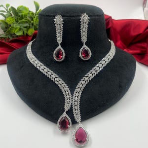 CZ faux Ruby pinkish red  color | Zirconia Necklace and earrings set| CZ Necklace| Diamond replica| vintage Pakistani | American diamond
