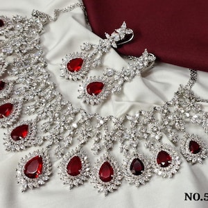 Beautiful Bridal CZ ruby red wedding Necklace earrings set American Diamond jewellery zircon Indian imitation fashion gift for her