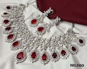 Ruby Red CZ Bridal Necklace & Earrings Set: Silver plated diamond imitation wedding Indian Jewelry