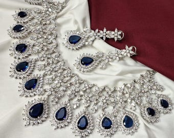Bridal CZ blue wedding Necklace earrings set AD jewelry Indian silver plated imitation fashion