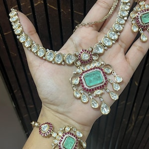 Green Doublet Kundan polki Choker Necklace Earrings Maang Tikka Set | Indian Bridal Jewelry image 14