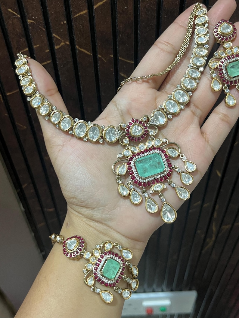 Green Doublet Kundan polki Choker Necklace Earrings Maang Tikka Set | Indian Bridal Jewelry image 14