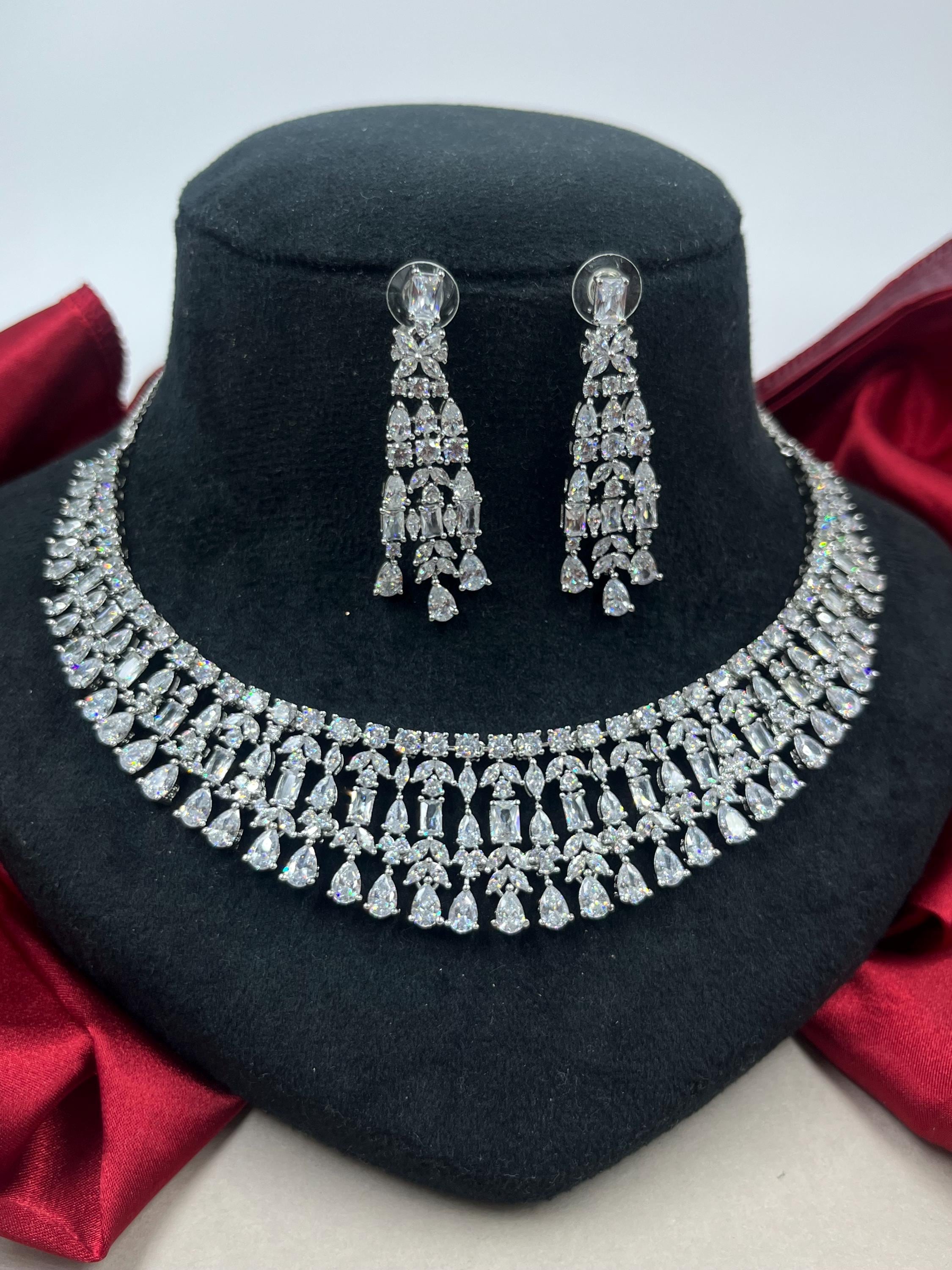 CZ White Diamond Necklace Earrings Set Party Bridal Fashion