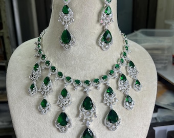 RANYAA Emerald Green CZ Diamond Necklace Set wedding Bridal faux party Jewelry