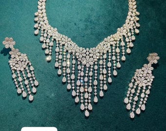 Palak Cubic zirconia diamond Necklace earring Set, Indian artificial Bridal Jewelry