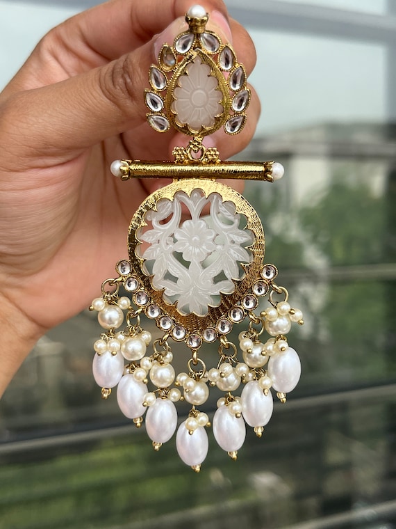 Off White Chandbali Dangler Earrings, Royal Indian Jewellery