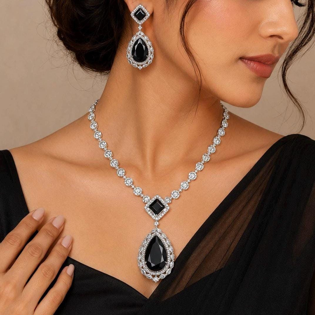 MANISHA Black CZ Pendant Necklace Earring Set | Teardrop Fashion