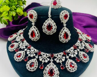 ISHANI Two Layer Emerald Green American Diamond Necklace and