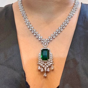 CZ faux Emerald Green color Necklace set| Zirconia Necklace and earrings| CZ Necklace| Diamond replica| Pakistani| Vintage| American diamond