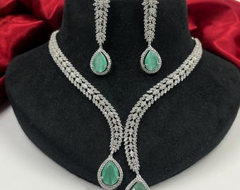 CZ Mint Green Necklace and earrings | artificial Diamond Party gift indian jewelry