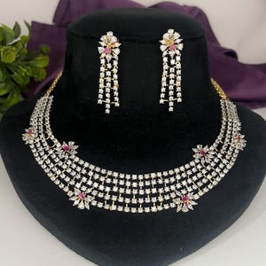 Gold Plated CZ diamond Ruby Necklace & Earrings Set Elegant Wedding Jewelry
