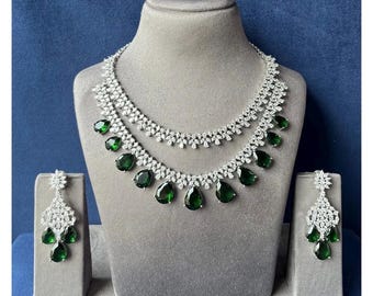 Double layer Faux Emerald Green Diamond wedding Necklace tara American Diamond jewelery CZ zircon Indian traditional imitation