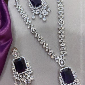 CZ faux lila Farbe Halskette Set | Zirkonia Halskette und Ohrringe | CZ Halskette | Diamant Replik | Pakistanisch| Jahrgang| Amerikanischer Diamant