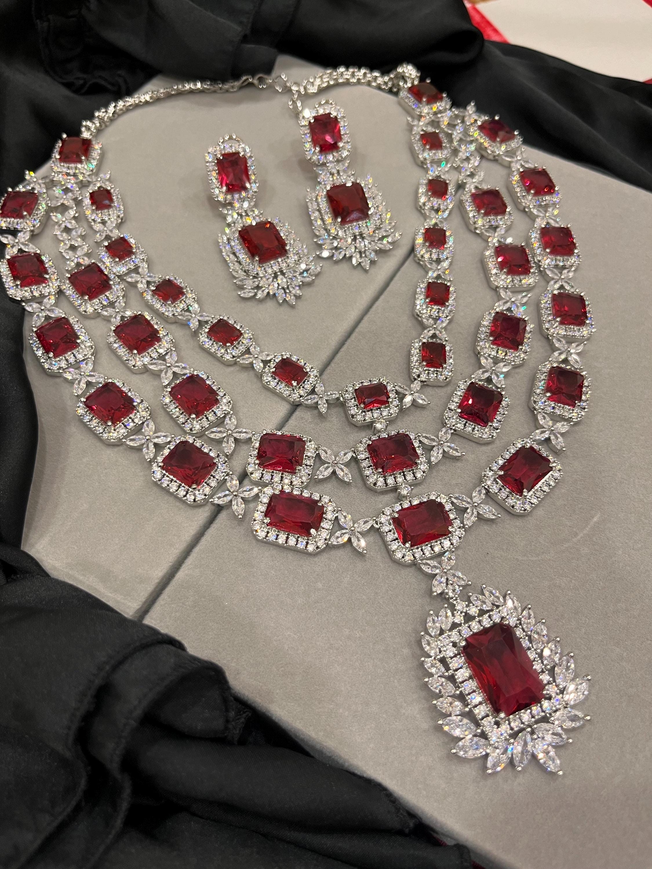 Three Layer Faux Ruby Pinkish Red Diamond Wedding Necklace