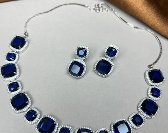 Royal Blue Silver Plated pendant earring set Wedding, party wear indian statement imitation Jewelry