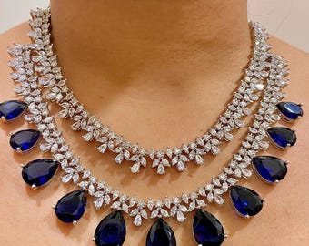 CZ Blue Two-Layer Necklace & Earrings Set: American Diamond Style