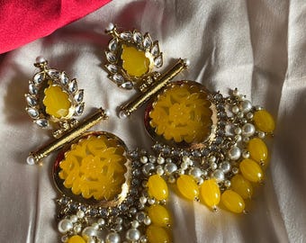 Yellow Chandbali Dangler Earrings, Royal Indian jewellery, Pakistani wedding jewelry, gold kundan earring, for parties and festivals