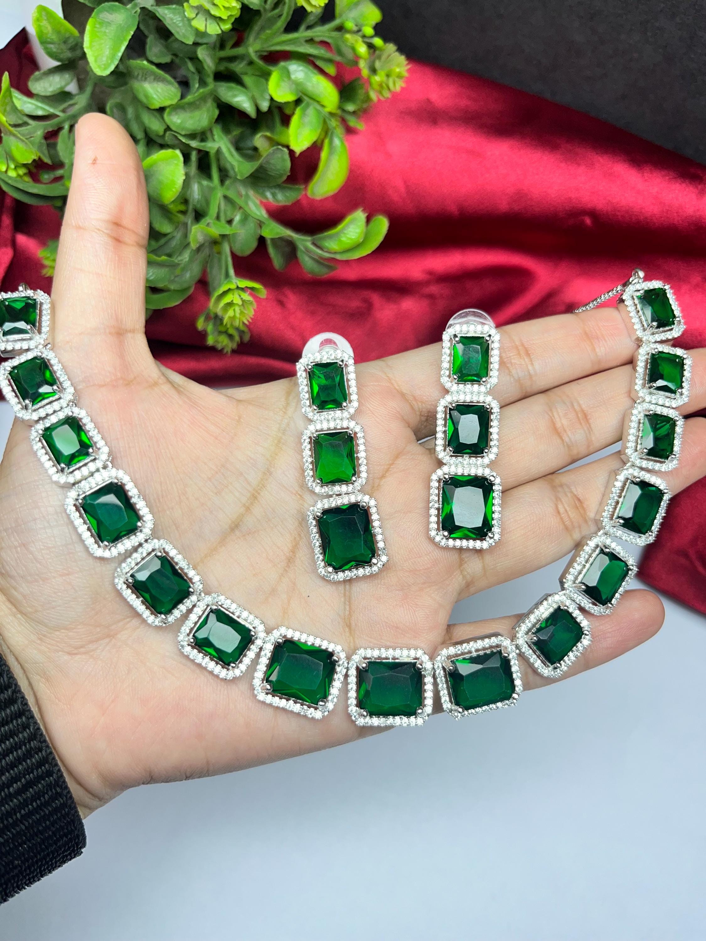 jewelplazaa CZ Green Emerald Color Necklace Earrings Set Zirconia CZ Necklace American Diamond Replica Pakistani Party Wedding Gift Festival, image size:2250x3000