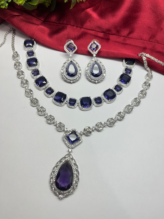 Purple CZ Layered Necklace and Earrings Set, Silver Plated Bridal Jewelry