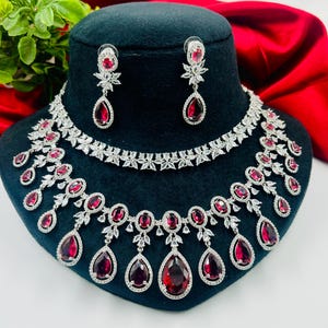 Beautiful layer CZ Ruby Red  Diamond wedding Necklace earrings set American Diamond jewelry zircon Indian imitation fashion gift for her
