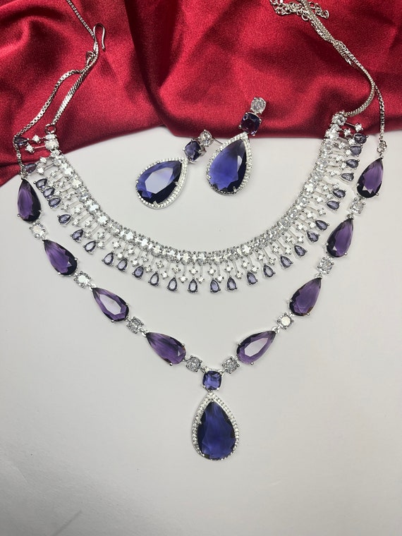 CZ American Diamond Premium Quality Necklace 2 Set Combo Purple Color Indian Fashion Jewellery Imitation Engagement Jewellery Gift Etsy UK