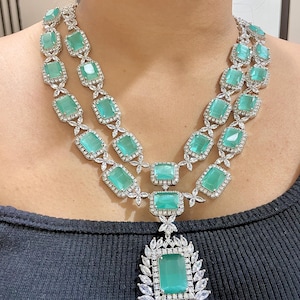 Double layer Faux Mint green wedding Necklace  earrings set shade American Diamond jewelery CZ zircon Indian traditional imitation fashion