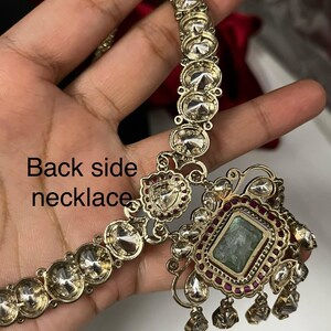 Green Doublet Kundan polki Choker Necklace Earrings Maang Tikka Set | Indian Bridal Jewelry image 6