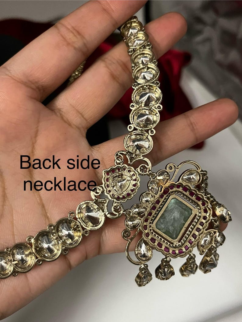 Green Doublet Kundan polki Choker Necklace Earrings Maang Tikka Set | Indian Bridal Jewelry image 6