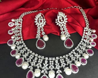 Collar y pendientes de boda con rubí rosa y perla de CZ, joyería de moda india chapada en plata