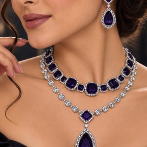 Ensemble collier et boucles d'oreilles superposées en zircon cubique violet, couleur améthyste, bijoux de mariée tendance. image 1