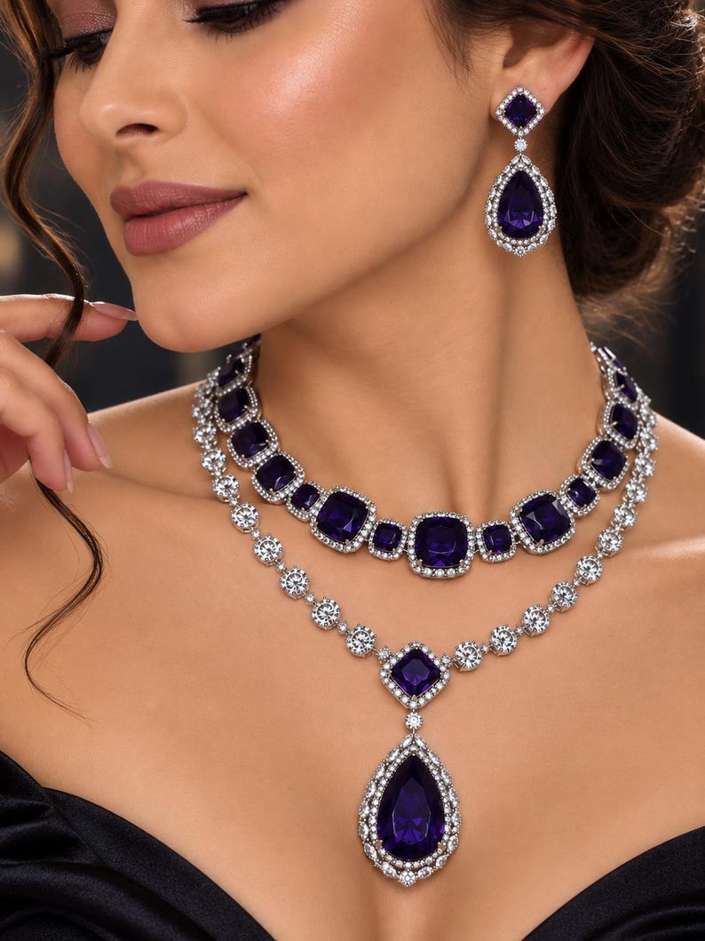 Ensemble collier et boucles d'oreilles superposées en zircon cubique violet, couleur améthyste, bijoux de mariée tendance. image 1