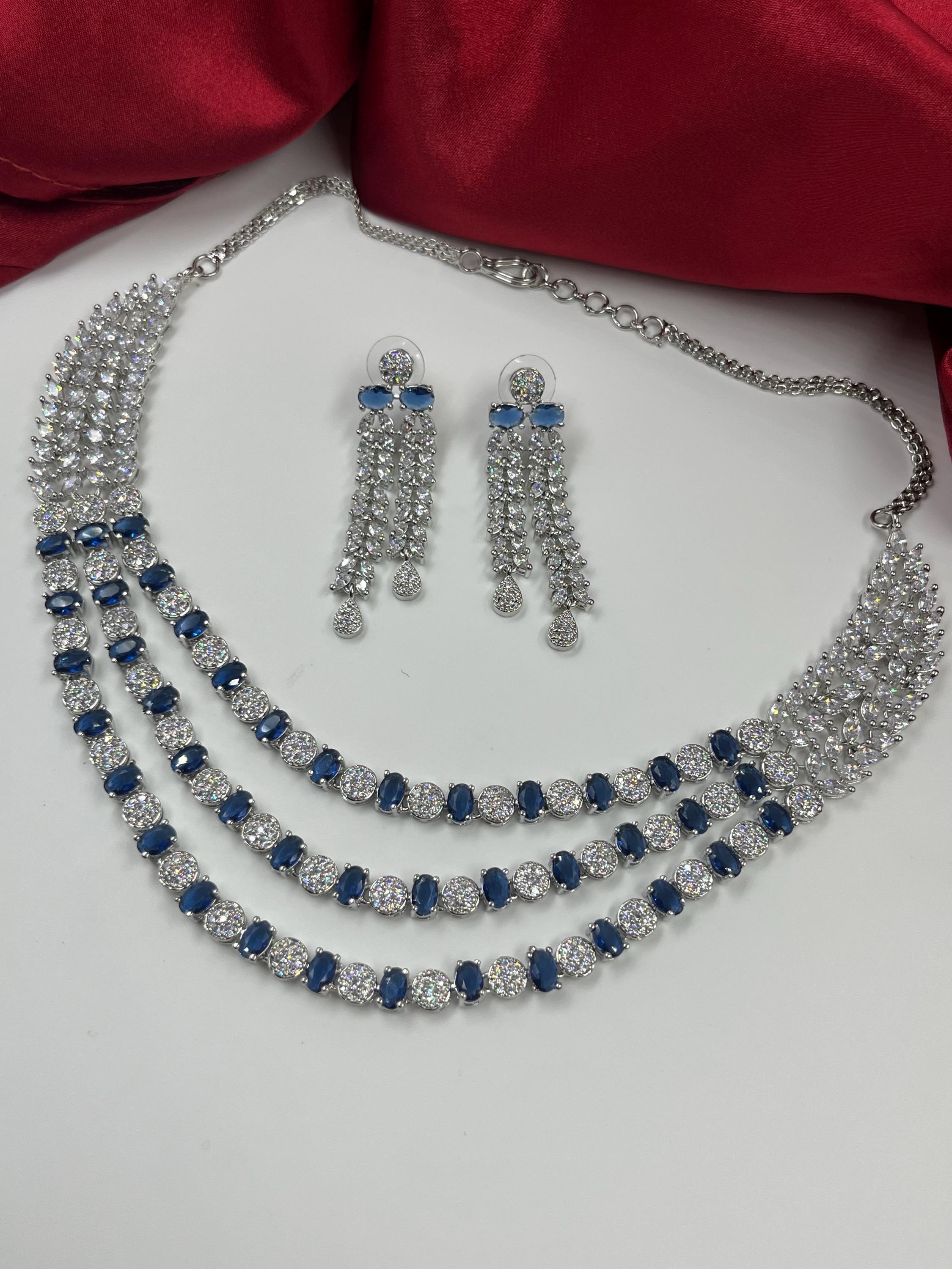 Blue 3 layer American Diamond High Quality Necklace earrings set Indian jewellery Cz Diamond look alike AD jewelry party wear gift for her
