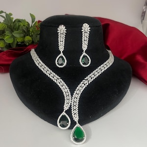 CZ Emerald Green color Necklace jewellery set| Zirconia pendant and earrings| CZ fashion Diamond replica Indian American diamond gift for he