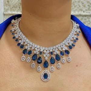 Faux Sapphire Blue CZ Necklace earrings Set: Imitation party Jewelry gifting fashion Bollywood design