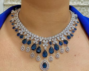 Faux Sapphire Blue CZ Necklace earrings Set: Imitation party Jewelry gifting fashion Bollywood design