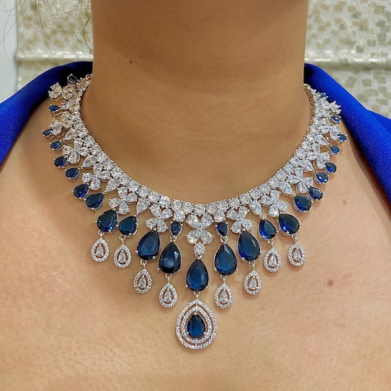 Faux Sapphire Blue CZ Necklace Earrings Set: Imitation Party