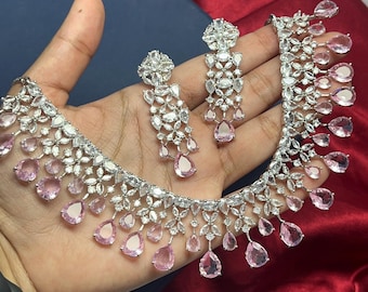 Conjunto de collar y pendientes con diamantes americanos y circonita rosa, joyería de moda artificial para fiesta nupcial
