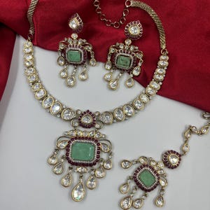 Green Doublet Kundan polki Choker Necklace Earrings Maang Tikka Set | Indian Bridal Jewelry image 4