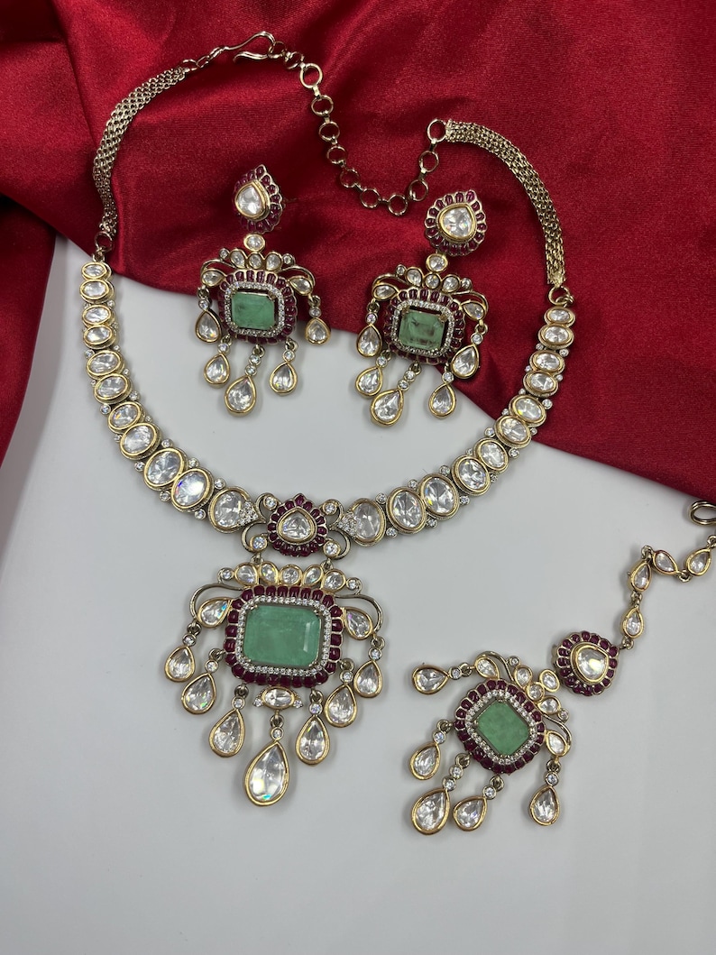 Green Doublet Kundan polki Choker Necklace Earrings Maang Tikka Set | Indian Bridal Jewelry image 4