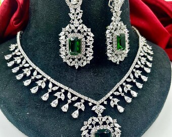Emerald Green CZ Diamond Necklace and Earring Set: Fashion wedding Bridal pendant Jewelry