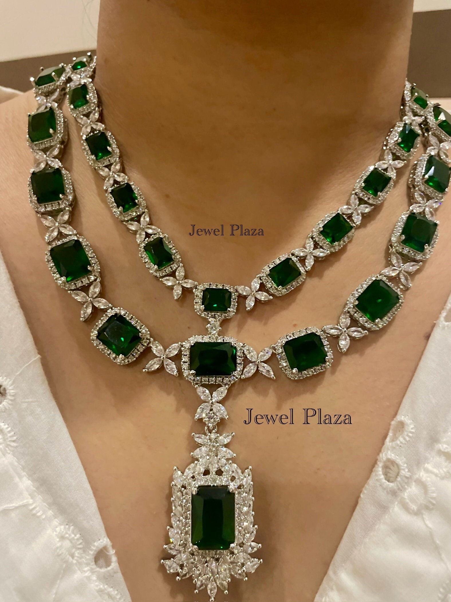 Double layer Faux Emerald Green Diamond wedding Necklace set American Diamond jewelery CZ zircon Indian traditional imitation fashion