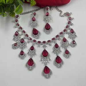 Beautiful Ruby Red American Diamond High Quality Necklace set Indian Bridal jewellery Cz Diamond look alike Necklace earrings AD jewellery