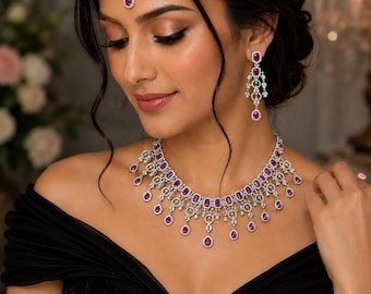 Ruby Pink CZ Necklace Set, American Diamond Tikka artificial wedding Jewelry