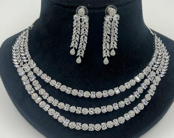 Beautiful layer American Diamond faux Necklace earrings set Indian jewellery Cz Diamond look alike AD jewelry party wear gift for her
