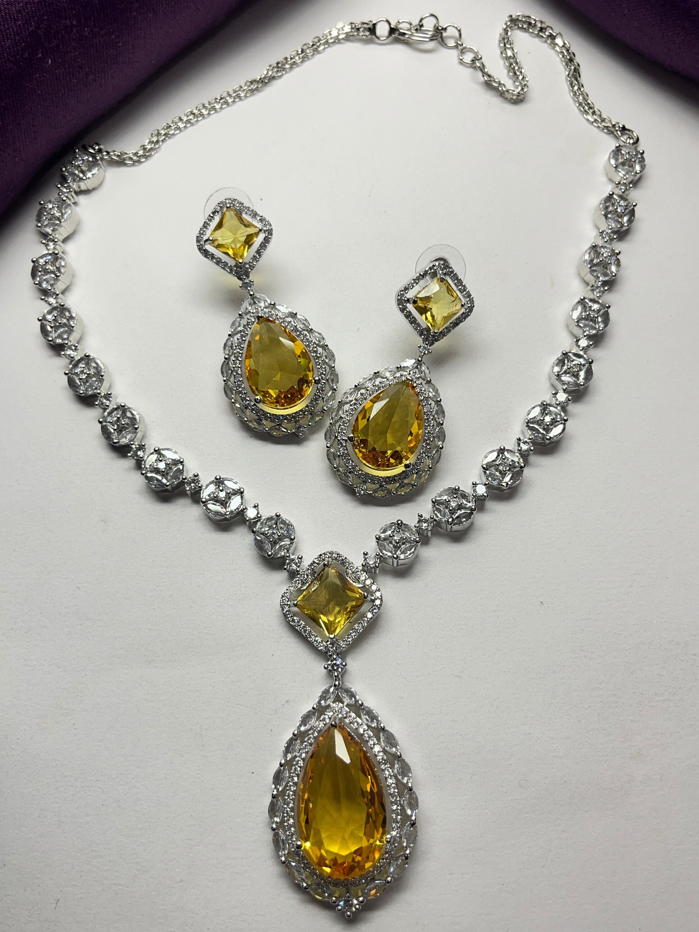 CZ Faux Yellow Sapphire Color Necklace Set| Zirconia