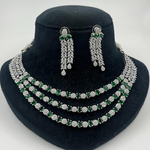 Green 3 layer American Diamond High Quality Necklace earrings set Indian jewellery Cz Diamond look alike AD jewelry party wear gift for her