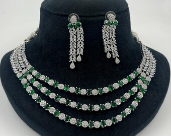 Cubic zirconia Emerald Green CZ layered American Diamond artificial Necklace earring set Indian Jewelry