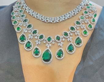 Green CZ Layered Necklace, Earrings and Tikka Set | wedding silver finish Indian imitation Jewelry