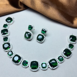 Contemporary  Emerald necklace with Faux diamond, Indian wedding | Silver Plated | Imitation Jewels | Vintage Reproduction Necklace