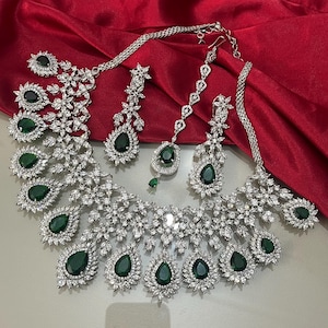 Beautiful Bridal CZ green wedding Necklace earrings tikka set American Diamond jewellery zircon Indian imitation fashion gift for her